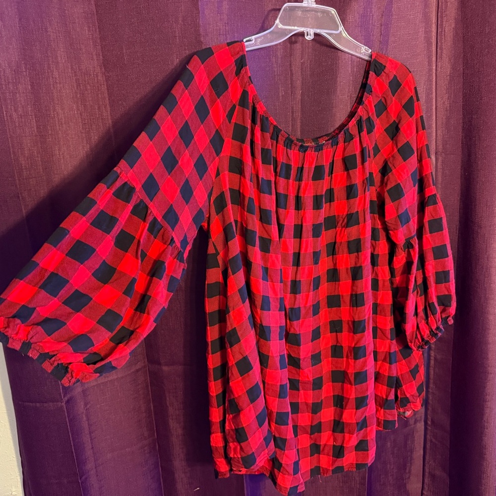 Southern Style Red and Black Plaid Women's Top with puffy sleeves.